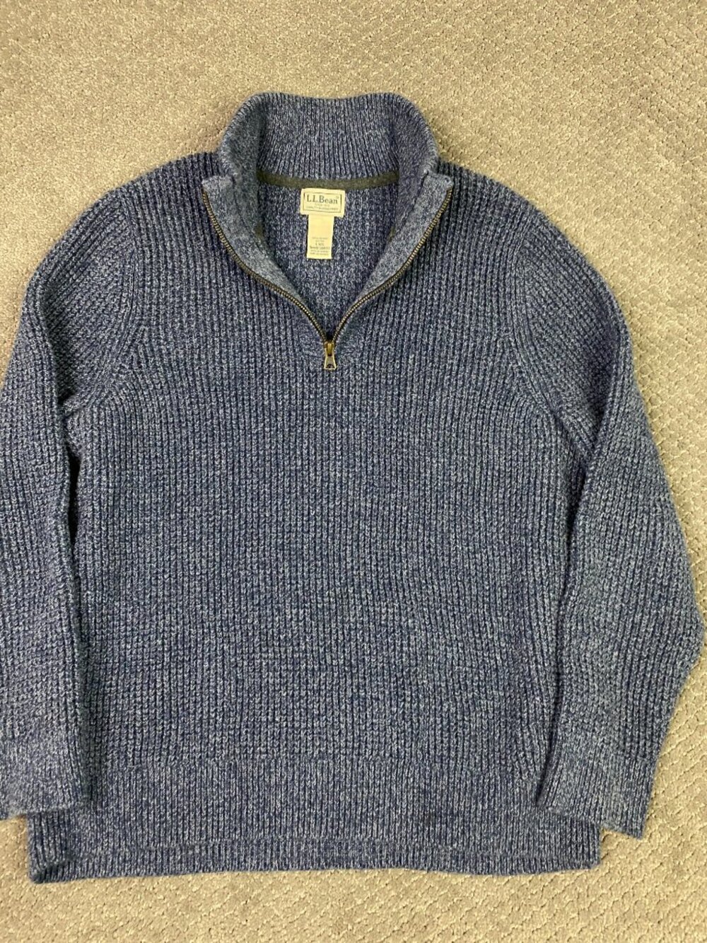 LL Bean Organic Cotton Waffle Knit 1/4 Zip Sweater Mens Large Fits Medium Blue